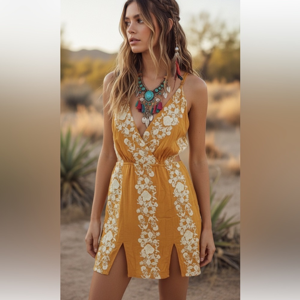 Blue Life Yellow Orange Embroidered Surplice Mini Dress